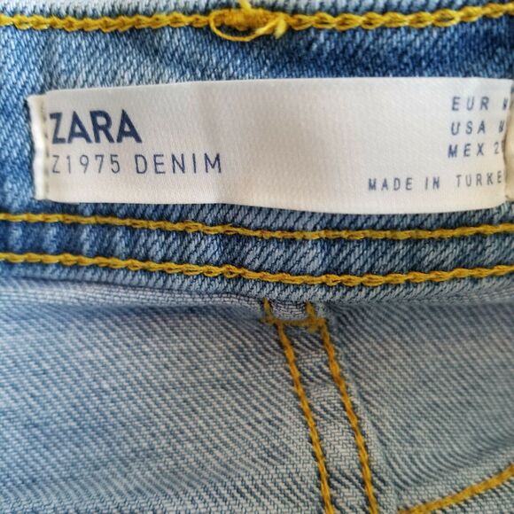 Zara Denim Jean Mini Skirt Medium Pockets Red Silver Stripes Raw Hem Z1975 - Picture 10 of 11